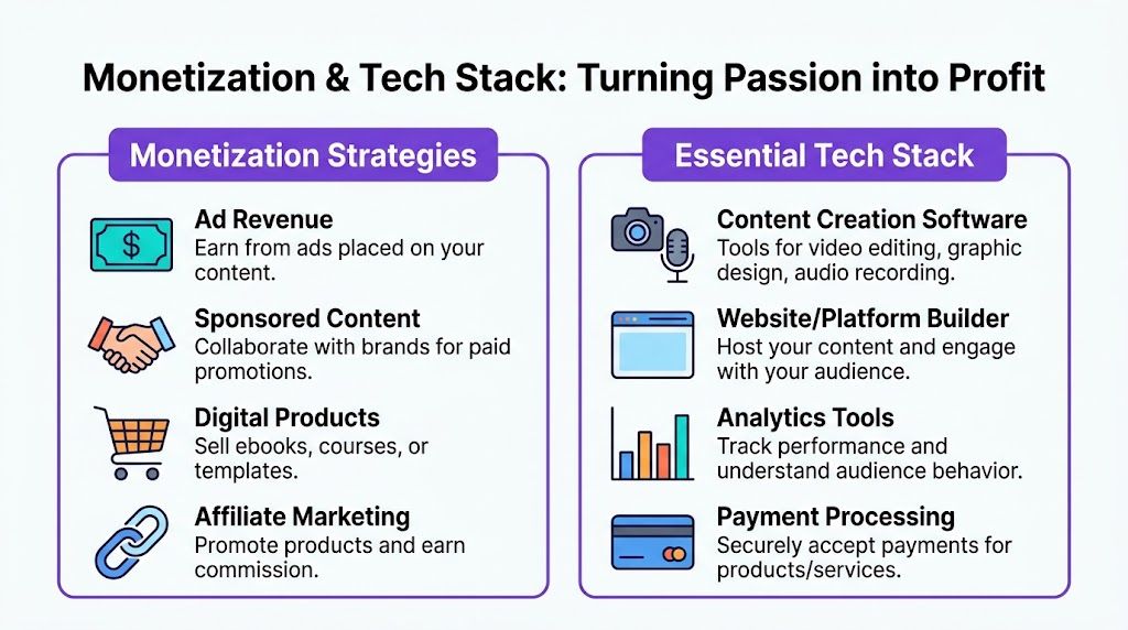 An infographic titled Monetization and Tech Stack showing revenue strategies and essential tools for content creators.