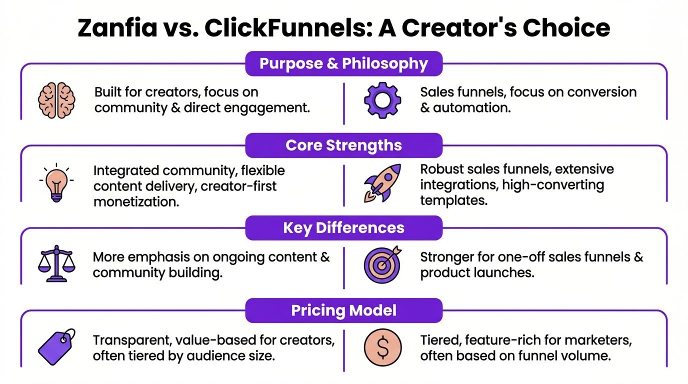 A comparison infographic between Zanfia and ClickFunnels detailing their differences in purpose, strengths, and pricing models.