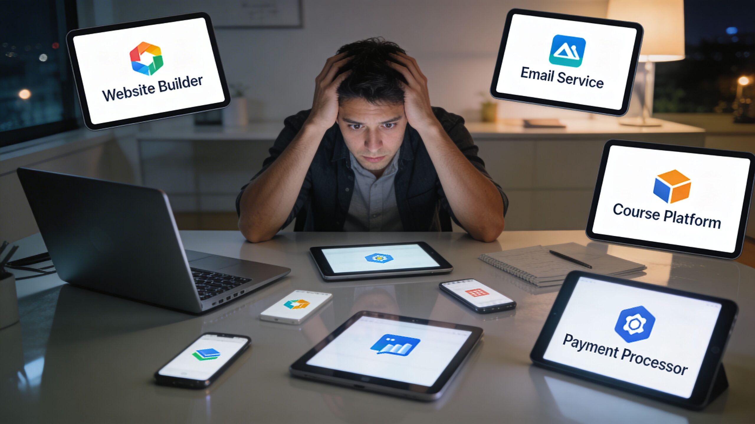 A stressed man overwhelmed by managing multiple digital software platforms and devices on his workspace desk.
