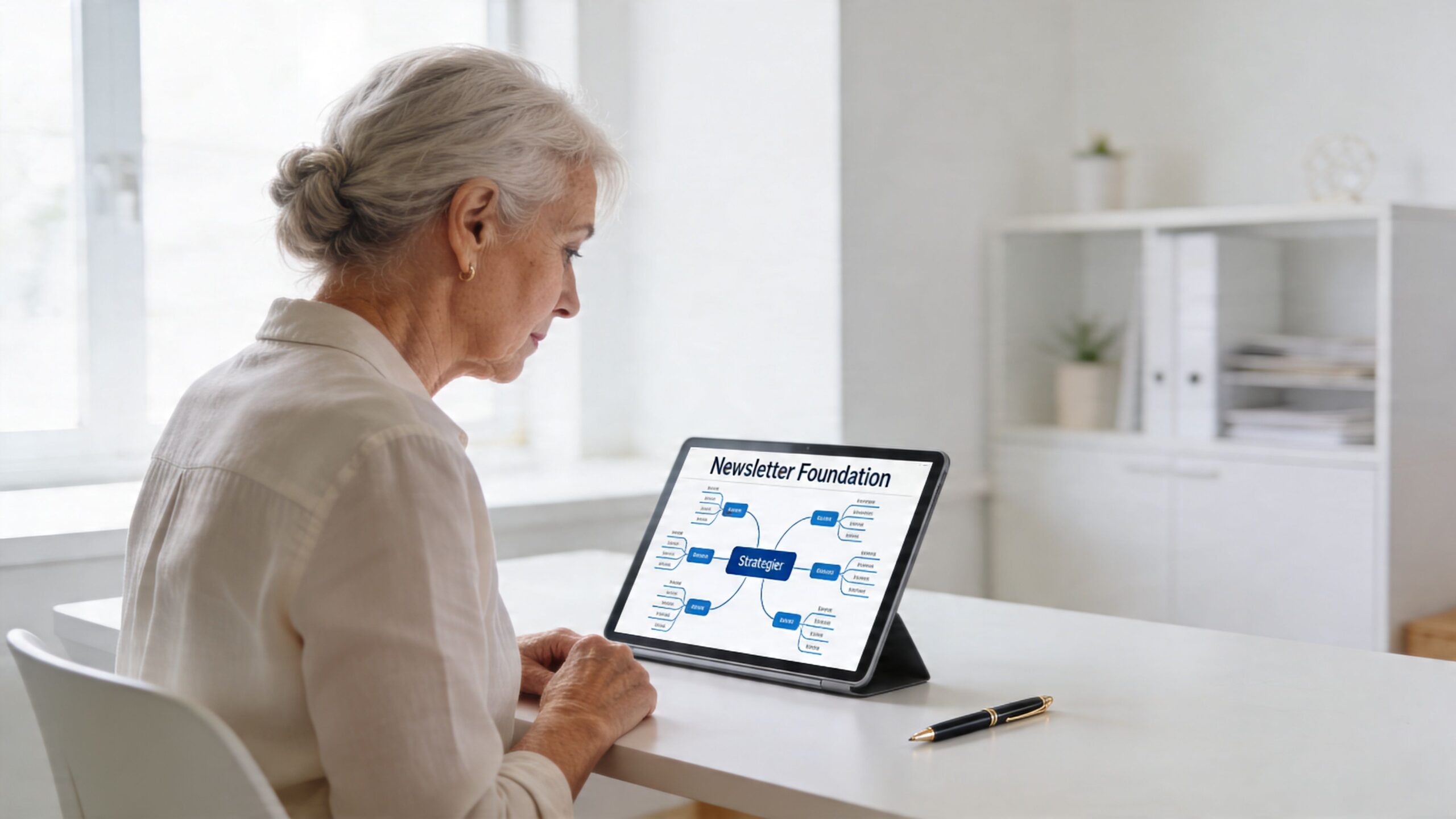 An older woman with grey hair sitting at a desk looking at a tablet displaying a newsletter strategy chart.