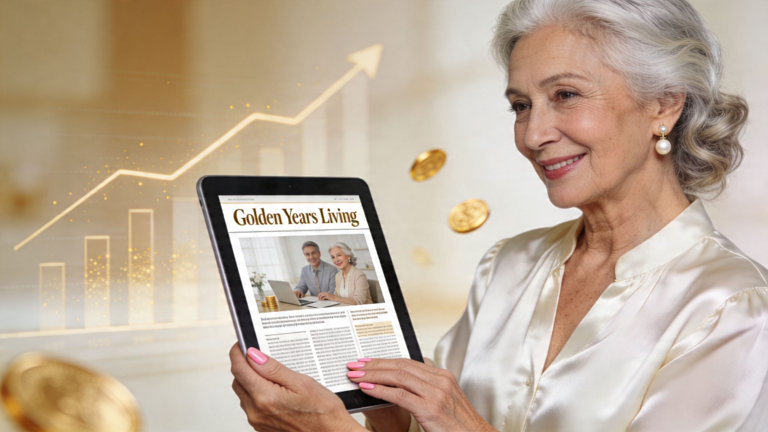 A smiling senior woman holding a tablet displaying a newsletter titled Golden Years Living with financial graphics.