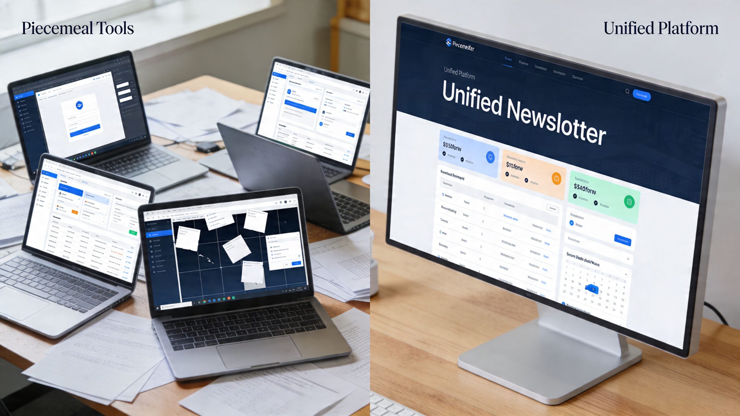 A side-by-side comparison showing various software tools for managing senior living newsletters on laptops and monitors.