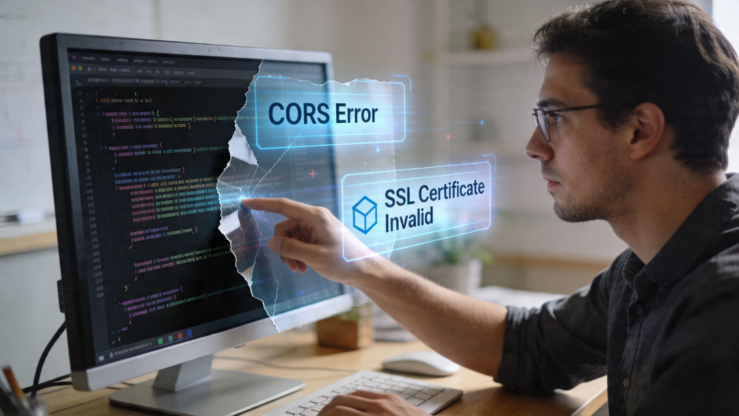 A male software developer pointing at a computer screen showing technical errors like CORS and SSL issues.