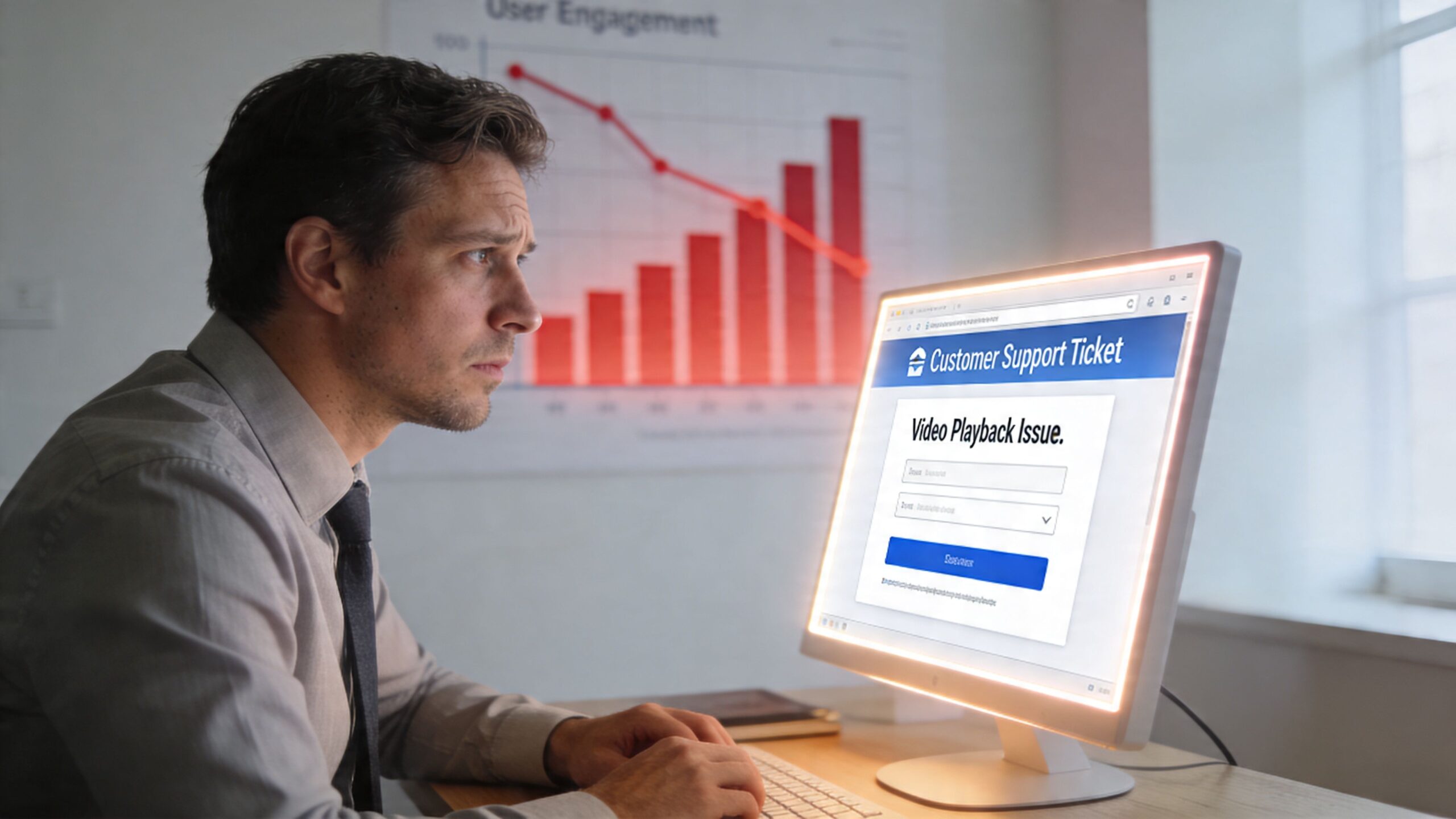 A concerned office worker viewing a customer support ticket for a video playback issue on their monitor.