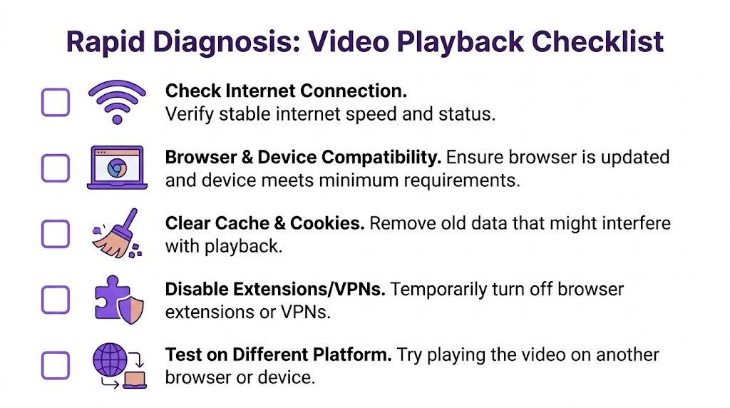 A checklist infographic titled Rapid Diagnosis for troubleshooting video playback issues on browsers and devices.