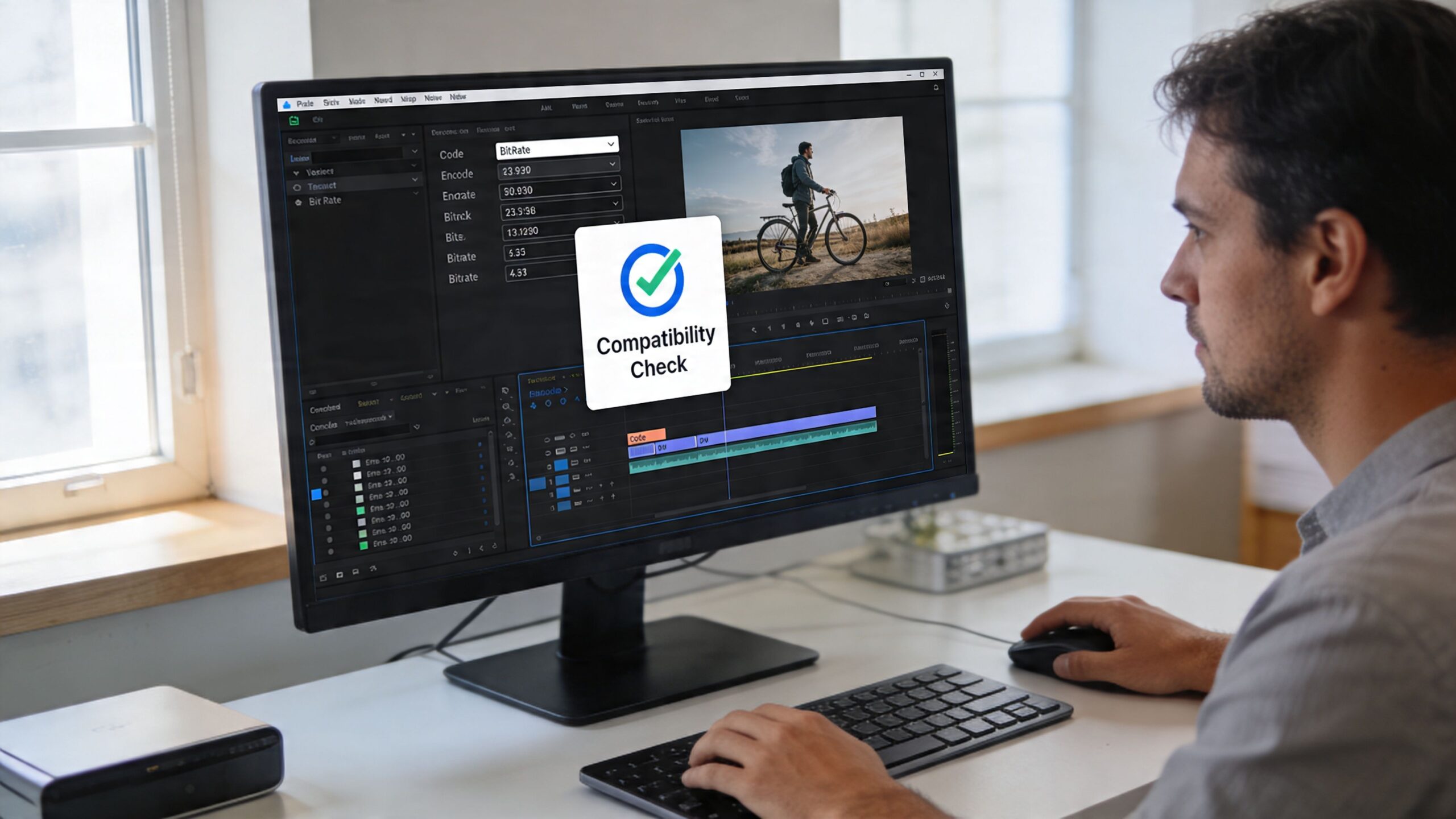 A man editing video content on his computer monitor while a compatibility check pop-up is displayed.