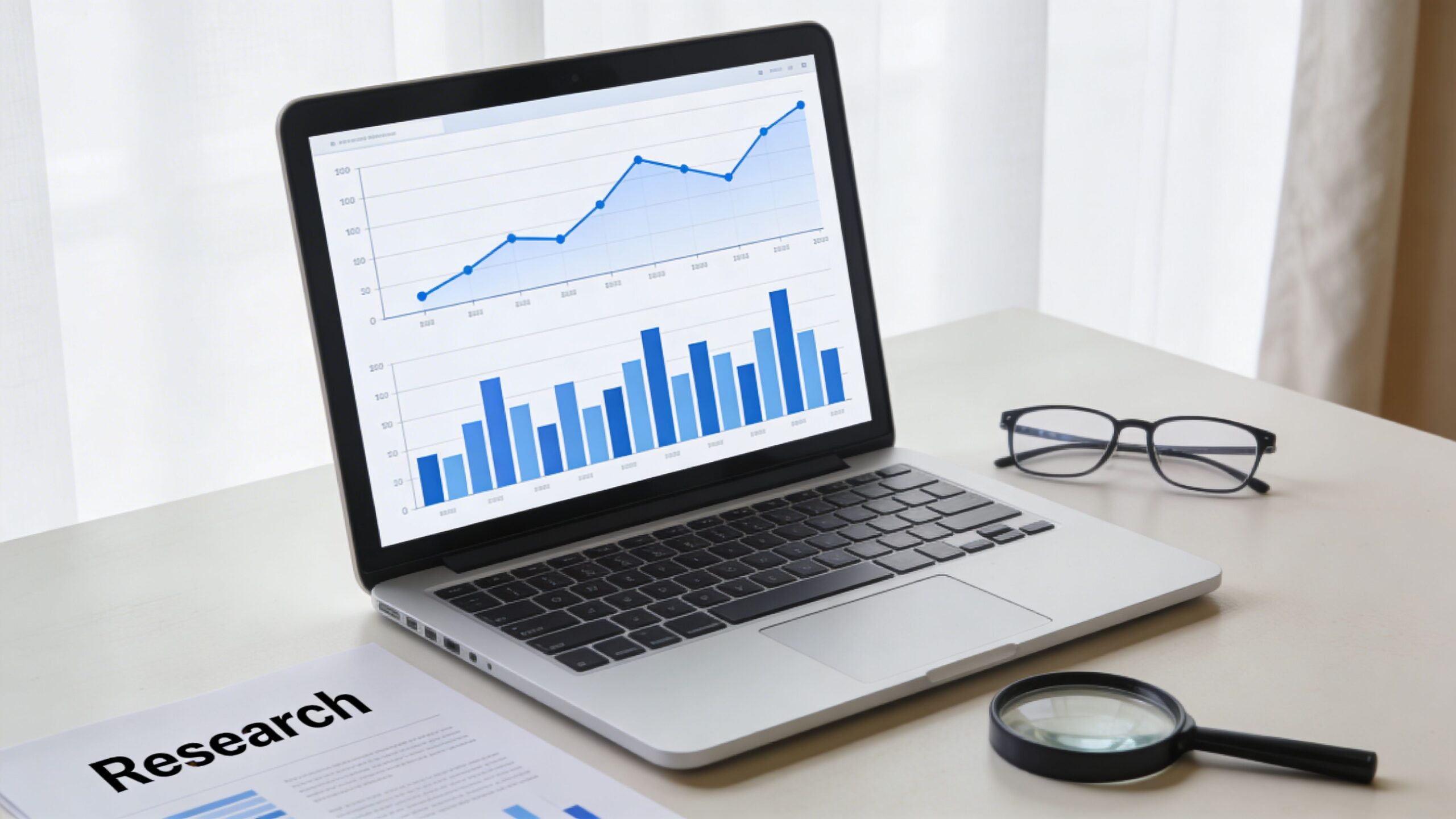 A laptop displaying data charts on a desk next to reading glasses and a magnifying glass.