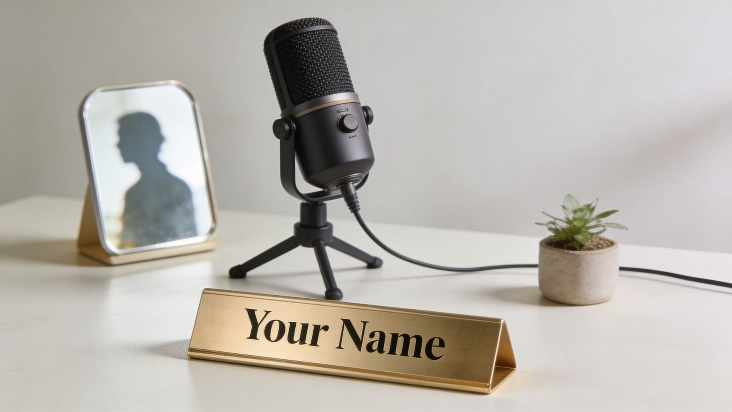 A podcast microphone, a name plate with Your Name, and a small plant on a white desk.