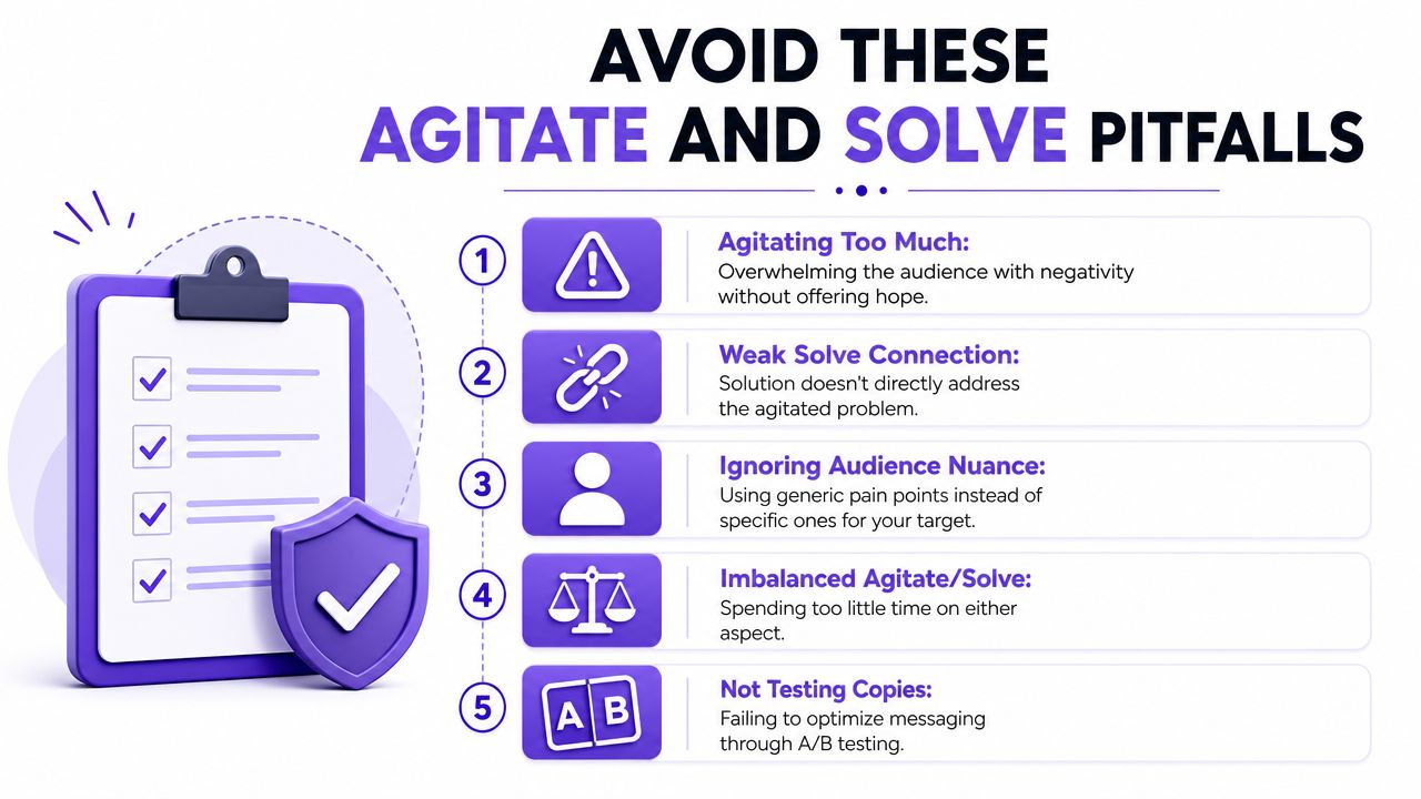 A list of five common pitfalls when using the agitate and solve marketing technique in content writing.