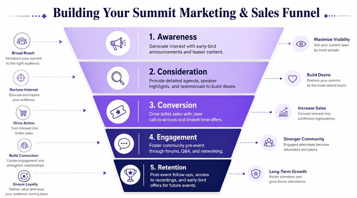 A marketing and sales funnel infographic outlining five stages for building a successful business summit.