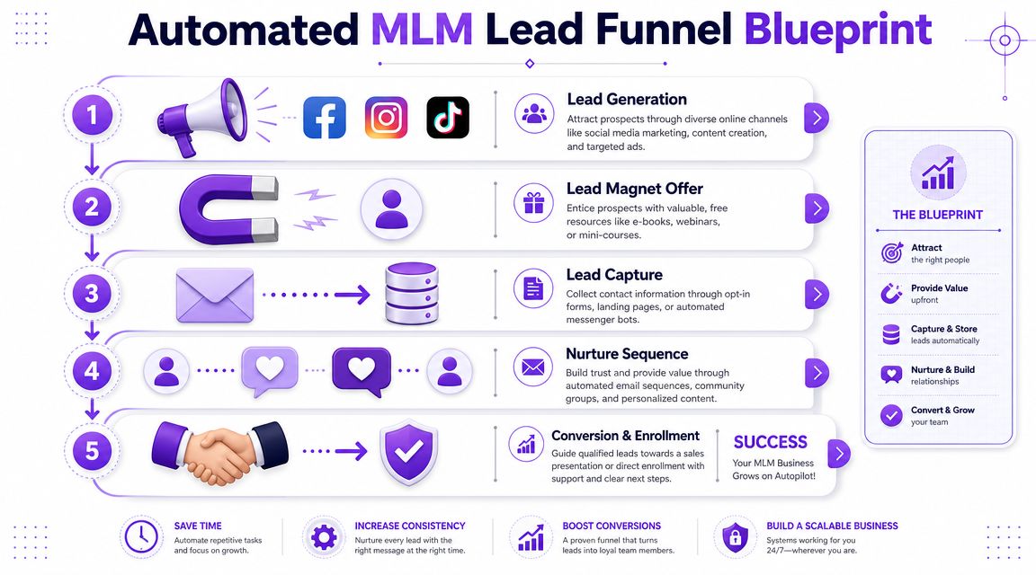 A five-step diagram illustrating an automated lead funnel blueprint for growing a network marketing or MLM business.