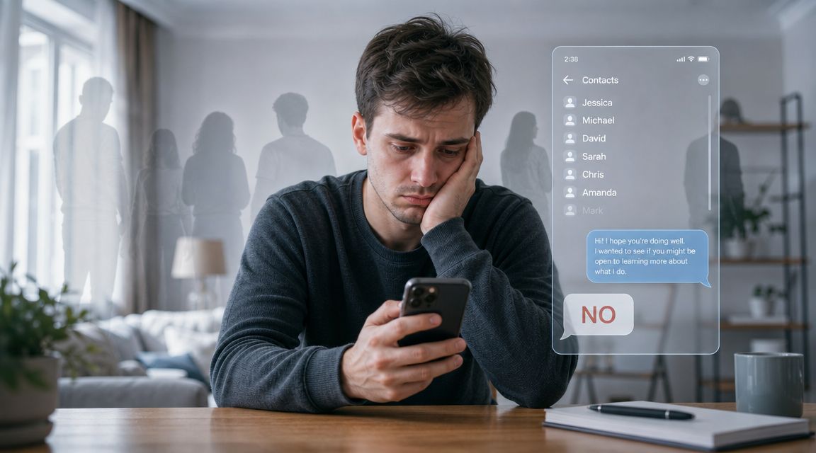 A lonely, stressed man sitting at a desk looking at his phone with digital contacts overlay.