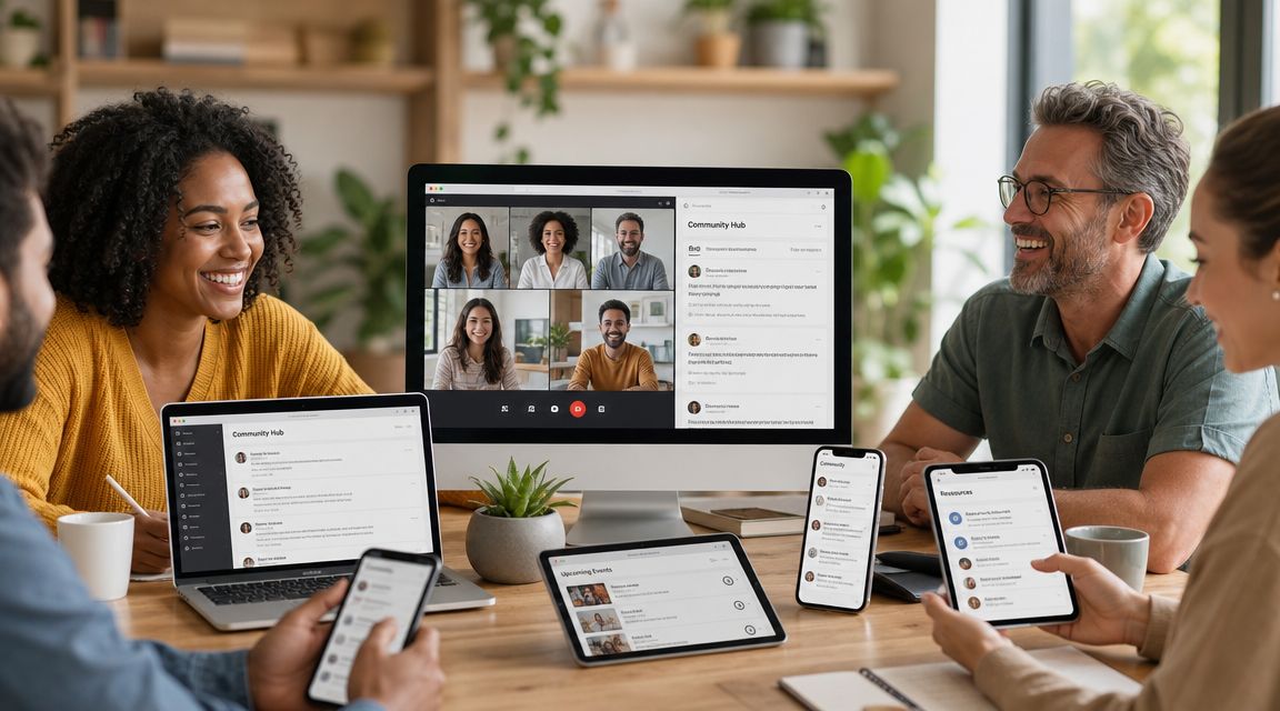 A diverse team collaborating in a modern office using multiple digital devices for a video conference call.