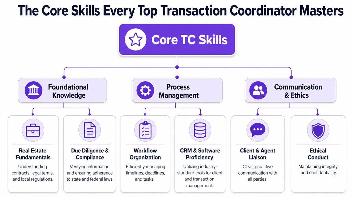 A diagram outlining the core skills for top transaction coordinators, including knowledge, process management, and ethics.