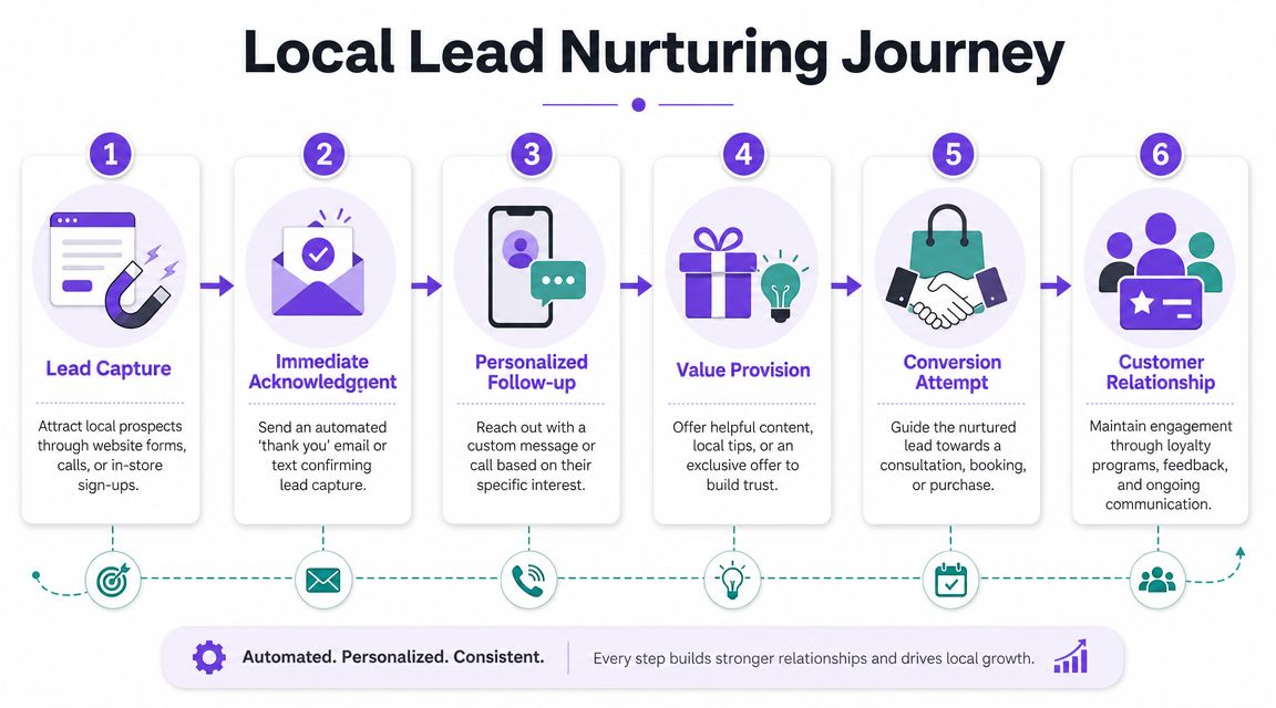 A six-step infographic illustrating a local lead nurturing journey for business growth and customer retention.
