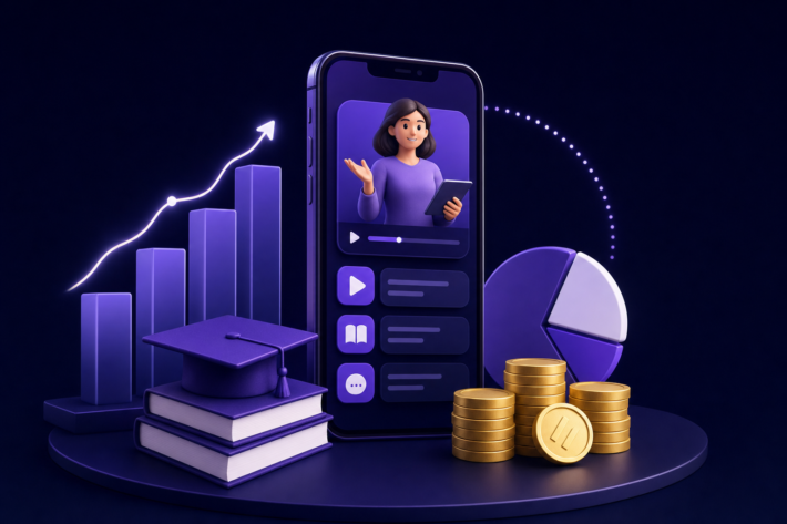 branded mobile app for online courses cost — coaching editorial illustration