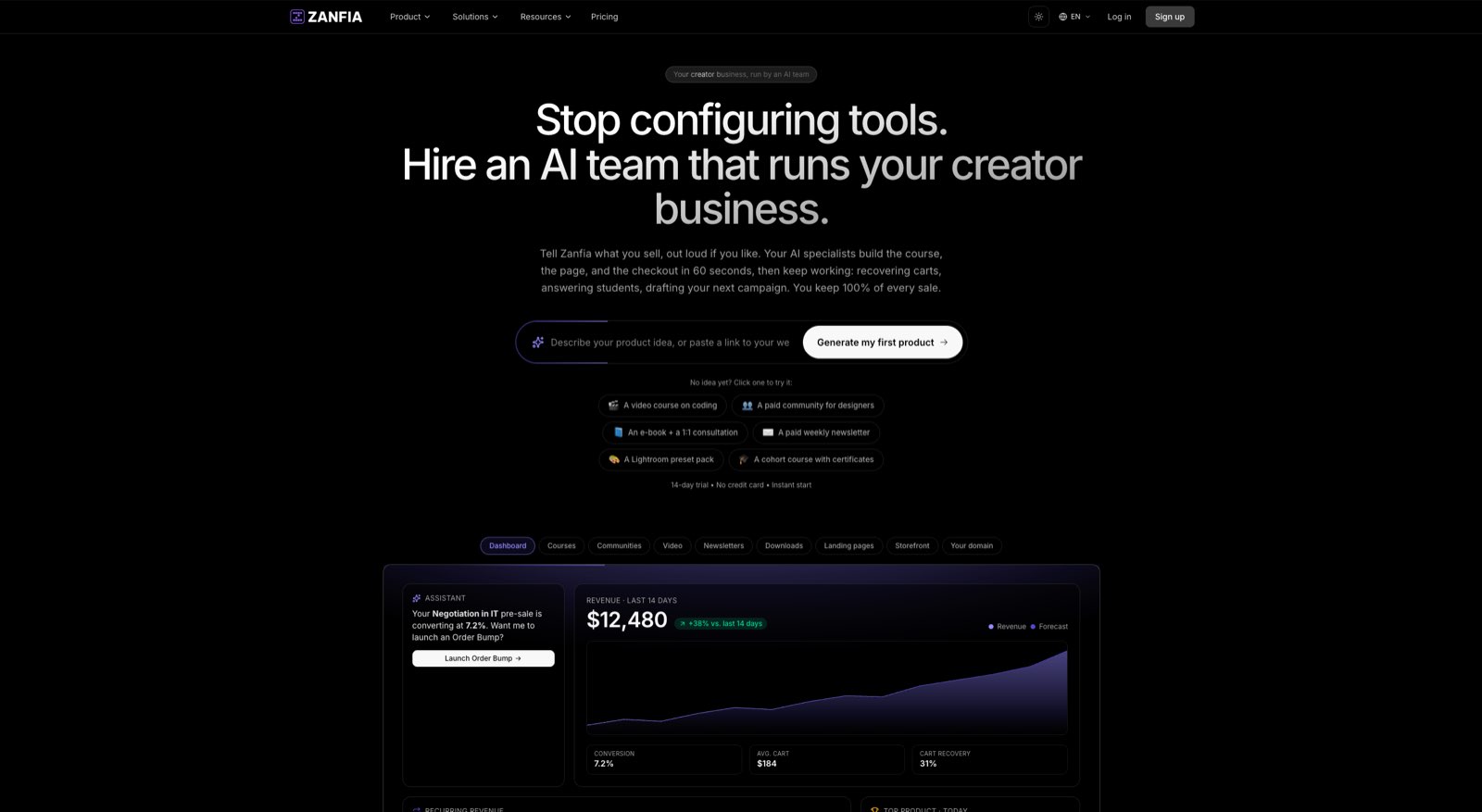 Zanfia homepage: hire an AI team that runs your creator business